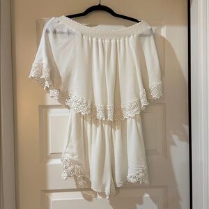 Show me your Mumu White Off-Shoulder Lace Romper